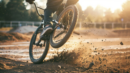 Obraz premium A biker makes a sharp turn on a dirt track, sending up clods of earth and dust, with the sun setting in the background, epitomizing raw power and control.