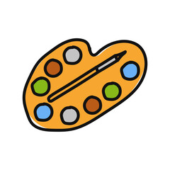 Palette in doodle style. Artist's palette with brush. Vector