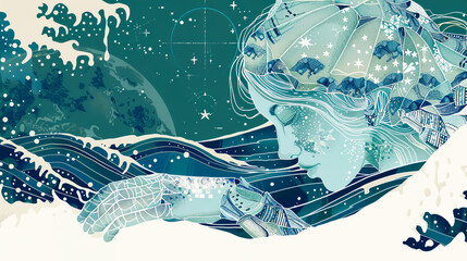 illustration of Cancer, the woman. The woman is depicted with detailed claws and a protective shell. The background features water elements with waves and a moonlit sky,	
