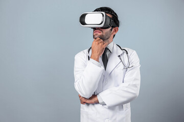 Caucasian doctor making decision and thinking about medical data. Professional doctor enter in metaverse and virtual reality world while wearing lab coat and VR glasses. Innovation concept. Deviation.
