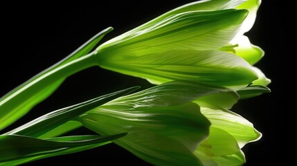 Fototapeta premium A photo of a green flower against a dark background, illuminated by a reflection on the back of the petals