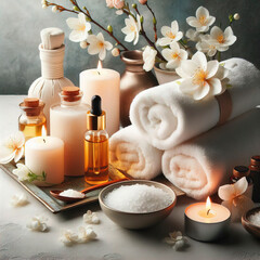 Spa background white bath towel luxury concept massage candle bath. White bathroom wellness spa background towel relax aromatherapy