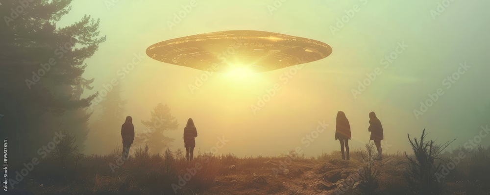 Poster alien encounter with group of humans gazing at hovering ufo
