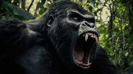 A Closeup of a Roaring Gorilla in the Jungle