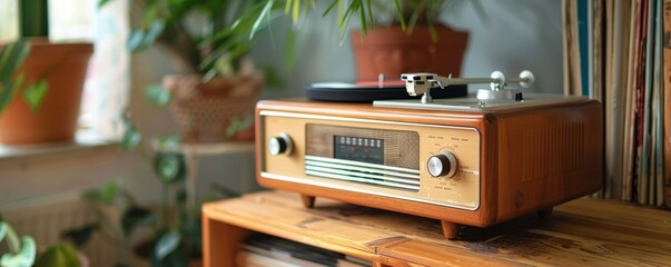 Fototapeta premium A vintage radio playing vinyl records, the music filling the room with a warm, nostalgic sound.