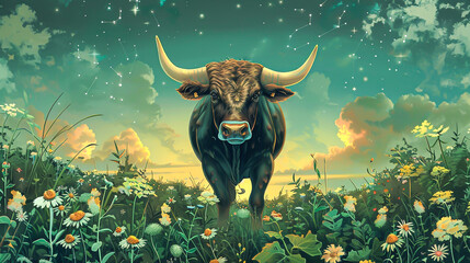 Taurus, the Bull. The Bull is depicted with strong. The background features lush, green fields and blooming flowers, symbolizing the earth sign of Taurus	
