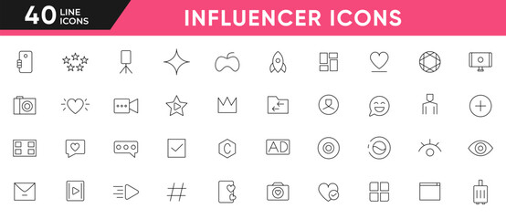Influencer line icons set. Marketing, Ambassador, Feedback, Rating, Trust, Influence, People, Megaphone, Influencer, video, likes, social media outline icon collection. UI thin icons pack.