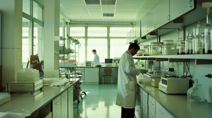 A scientist in a white lab coat works at a laboratory counter, while another person is seen at a desk in the background. The lab is brightly lit with an organized setup.