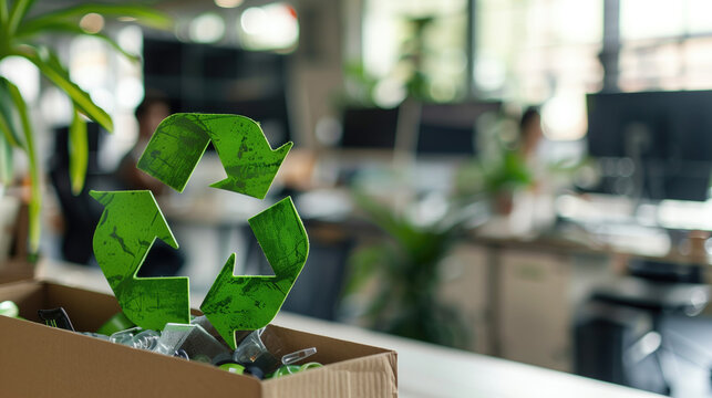 Green recycle sign in cardboard box with electronic waste in modern office background. Environmental awareness, e-waste management, recycling initiatives, sustainable practices, green technology.