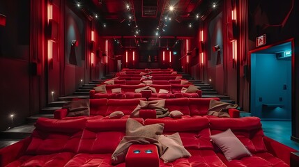 Avant-garde cinema with unconventional seating and artistic decor