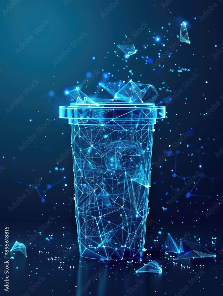 Poster digital illustration of a futuristic trash can composed of glowing polygonal lines and shapes. techn