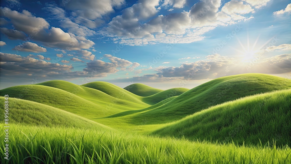 Wall mural rendering of hills with grass on a background, nature, landscape, green, hills,realistic, field, mea