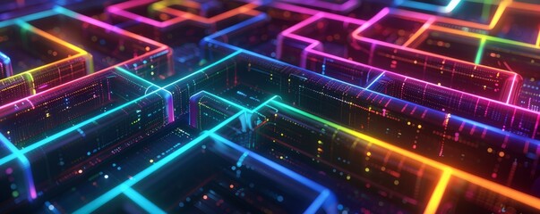 Digital maze with neon paths, 4K hyperrealistic photo