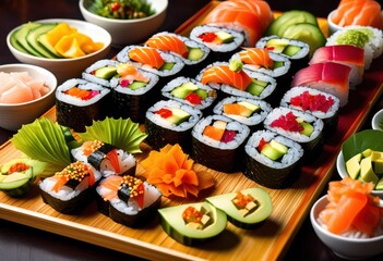 vibrant artistic display sushi rolls accompanied colorful dipping sauces stylish platter, presentation, seafood, ingredients, garnishes, textures