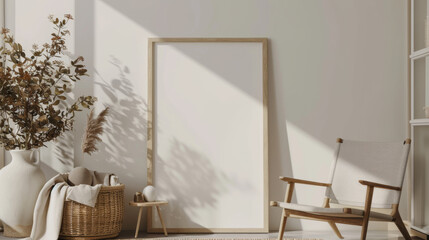 Minimalist living space featuring a woven chair, blank vertical frame, and woven basket, accentuated with natural light and soft shadows for a tranquil atmosphere.