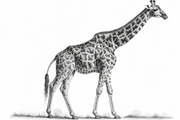Naklejka premium An ancient giraffe in full growth on a white background, walking gracefully. The illustration emphasizes the giraffe's long neck and unique spotted pattern, capturing