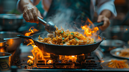 Detailed shot of a Thai street food vendor cooking, busy market scene, colorful ingredients and vibrant atmosphere, evening glow 