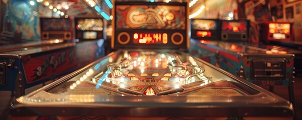 A vintage pinball machine with flashing lights and clanging bells, its addictive gameplay drawing in players of all ages.