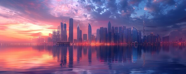 Dynamic city skyline at twilight, 4K hyperrealistic photo