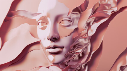Artistic pink sculpture of a serene face surrounded by flowing, ethereal shapes.