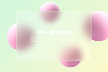 Glass morphism effect. Bank card or banner made of transparent glass with pink spheres.