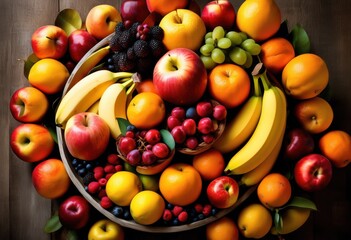 vibrant colorful fruit arrangement displayed decorative bowl variety fresh fruits including berries, apples, oranges, bananas, tropical, citrus, grapes