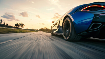 Blue sports car driving on a road at sunset