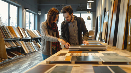 A couple deliberates over samples in a modern showroom filled with various wood and tile options, signaling a thoughtful moment in home renovation planning.
