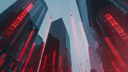View of modern skyscrapers with red data overlays, emphasizing the financial vibrancy and technological integration of urban life.
