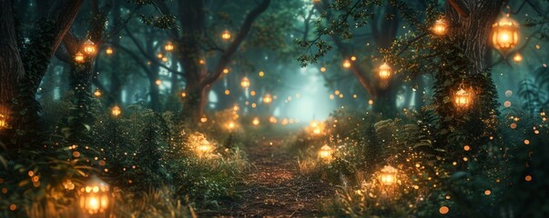 Naklejka premium Enchanted Forest Fairy Lanterns, 4K hyperrealistic photo