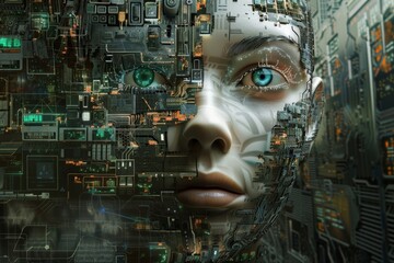 Cyborg Face, Humanoid Robot, Artificial Intelligence, AI, Future Technology.