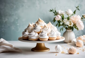 delicate cake stand displaying fluffy meringues elegant arrangement soft white texture light sweetness, dessert, pastry, treat, sugar, decoration, confection