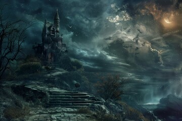 Obraz premium Mysterious Castle on a Hilltop at Night.