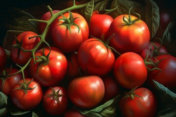 A vibrant illustration of ripe tomatoes on the vine, depicted in an art deco realism style. The tomatoes are lush and glossy, with detailed textures and rich colors, highlighting their freshness
