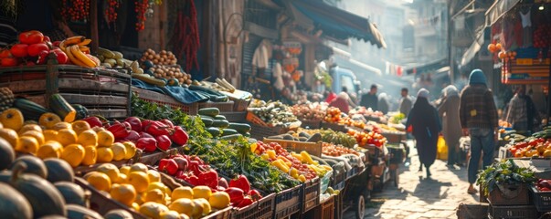 Bustling market square with vendors selling fresh produce, 4K hyperrealistic photo