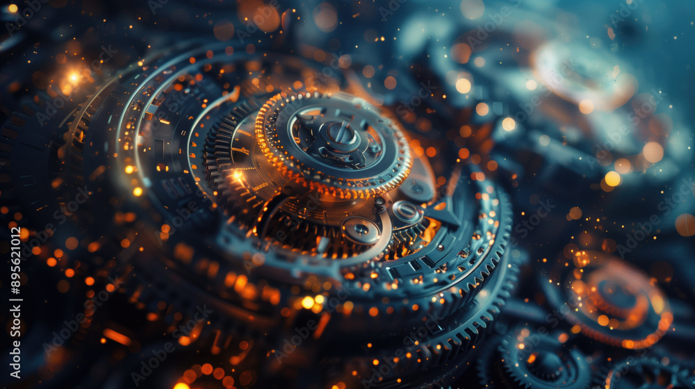 Poster close-up of intricate mechanical gears with glowing lights and bokeh background. engineering, techno
