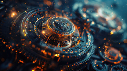 Close-up of intricate mechanical gears with glowing lights and bokeh background. Engineering, technology, innovation, machinery, industrial design, digital art, steampunk, manufacturing concepts.