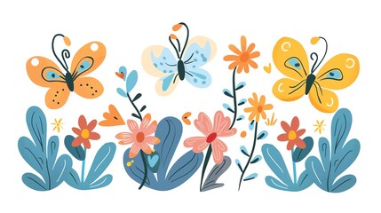 Fototapeta premium Create a clipart of a Butterfly Babies Baby butterflies on bright flowersin a kawaii style, simplified to feature fewer elements for a cleaner look, Use a color palette that is appealing to chi