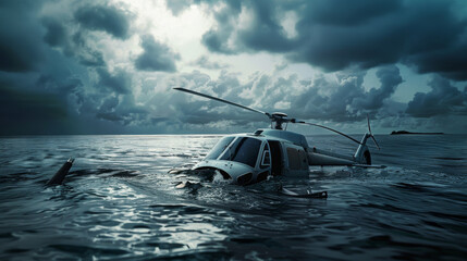 An abandoned helicopter, partially submerged in a tumultuous sea, under a stormy sky, evokes themes of disaster and survival.