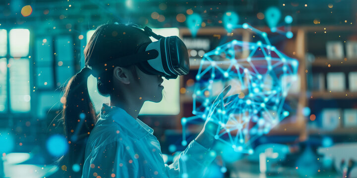 School student with VR headset using AI artificial intelligence technology and machine learning.  AI blue hologram in education