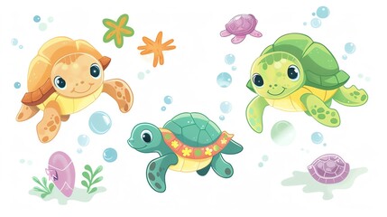 Obraz premium Create a clipart of a Turtle Treasures Baby turtles with decorated shellsin a kawaii style, simplified to feature fewer elements for a cleaner look, Use a color palette that is appealing to chi