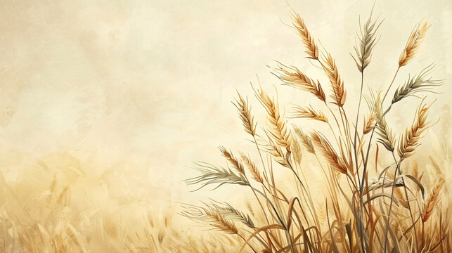 Biblical illustration of the parable of the weeds: wheat and weeds in a field growing together until harvest, beige background, copyspace. Suitable for religious events and illustrations.
