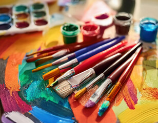  Close-up view of paint brushes and colorful supplies laid out on a table