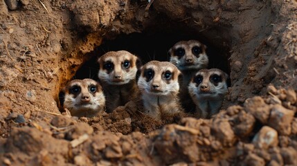 Meerkats peering from burrow entrance