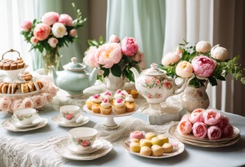 elegant tea party setup featuring assorted delicate floral charming decorations beautiful gathering, snacks, tableware, elegance, cupcakes, pastries