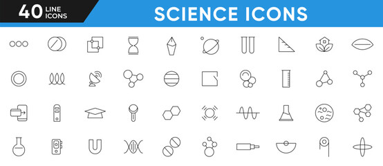 Science line icon set. Telescope, satellite, and rocket, scientific. Technology progress. creative science tech process, network web security, website and video game, creativity icon collection.