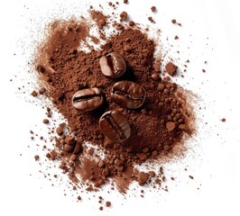 Coffee Beans and Powdered Coffee on White Background