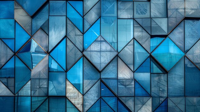 An eyecatching image of a buildings exterior with a unique geometric pattern The facade consists of bluetinted glass panels arranged in a repetitive