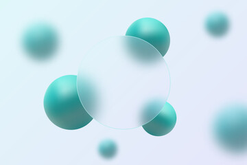 Glass morphism background. Transparent round banner with spheres.