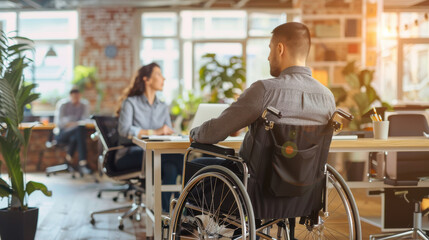 A person in a wheelchair engaged in a brainstorming session with coworkers, everyone contributing to the conversation.